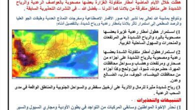 الأرصاد الجوية تتوقع استمرار تأثر بلادنا بأمطار رعدية ورياح شديد خلال الـ5 الأيام القادمة