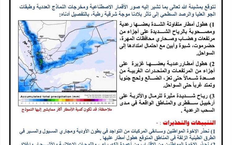 الأرصاد الجوية: نتوقع تأثر بلادنا بموجة شرقية رطبة خلال الـ72 ساعة القادمة