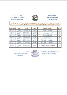 فرع الإتحاد لكرة القدم بوادي حضرموت يصدر جدول مباريات دور ال 8 لدوري الدرجة الثالثة..