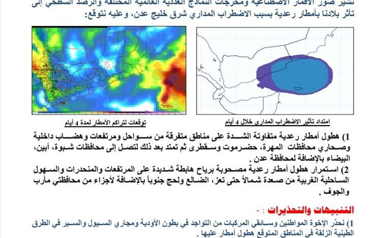 الأرصاد الجوية تحذر من تأثر بلادنا بأمطار رعدية ورياح شديدة خلال الأربعة الأيام القادمة