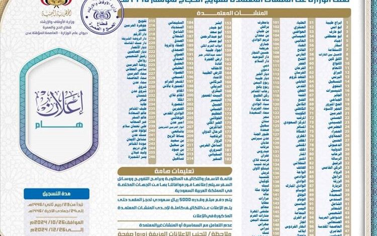 وزارة الأوقاف تعلن أسماء المنشآت المعتمدة لتفويج حجاج 1446هـ وتحدد ضوابط تسجيلهم