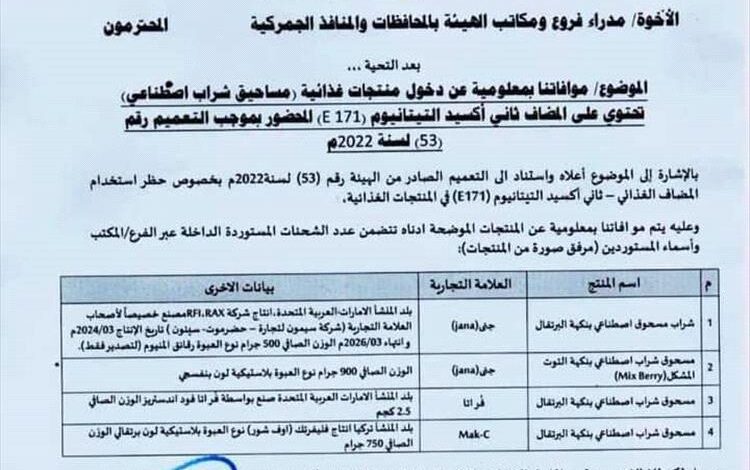 تعميم بالإبلاغ عن مساحيق اصطناعي شراب تحتوي على مضاف محظور