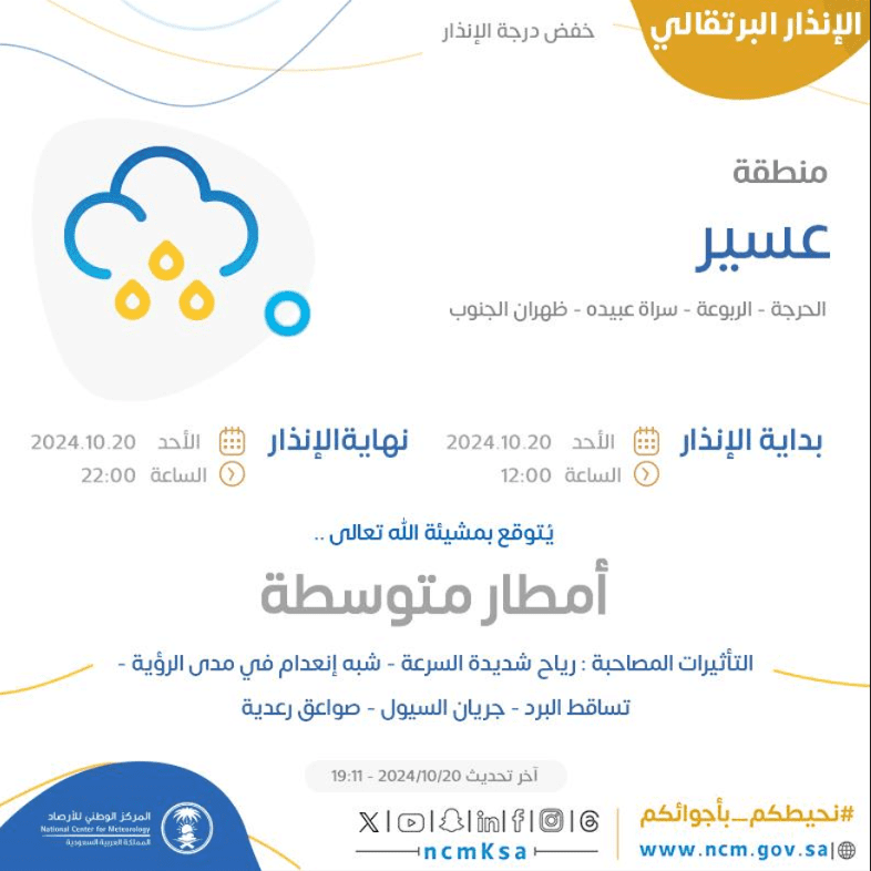 أمطار متوسطة على عسير يُصاحبها سيول ورياح شديدة السرعة وتساقط برد وصواعق رعدية