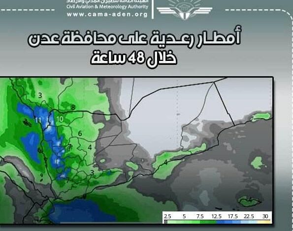 الأرصاد الجوية: تأثر محافظة عدن بأمطار رعدية خلال الـ 48 ساعة القادمة