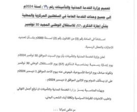 الخدمة المدنية: الأحد القادم إجازة رسمية لكافة موظفي الدولة بمناسبة الذكرى الـ (٥٧) ليوم الاستقلال الوطني