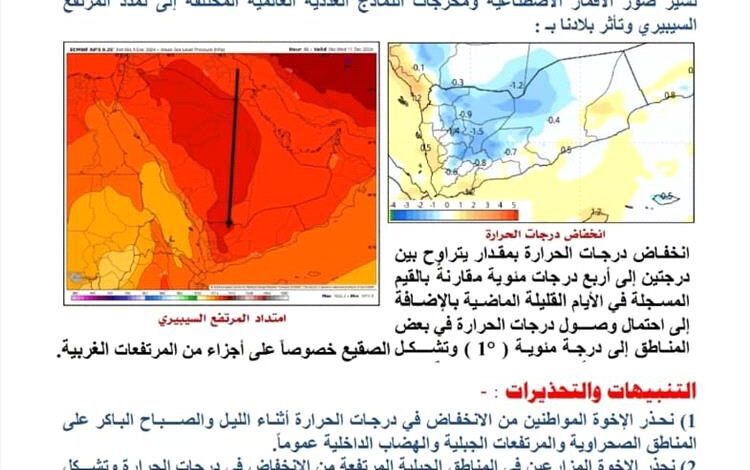 الأرصاد تحذر من موجة صقيع خلال الأيام القليلة القادمة بسبب تمدد المرتفع السيبيري