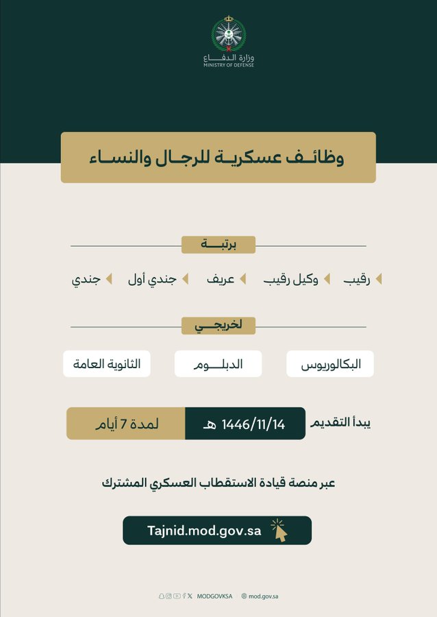 "الدفاع" تعلن بدء استقبال طلبات التقديم على الوظائف العسكرية
