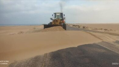 بدء أعمال الصيانة وإزاحة الرمال بالطريق الدولي المكلا - عدن