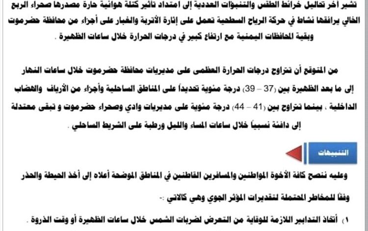 مركز الانذار المبكر.. موجه حر شديدة ستؤثر على معظم المحافظات اليمنية
