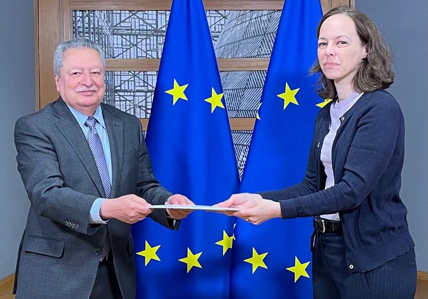 السفير مصطفى يسلم المستشارة ماري جين رسالة خطية من رئيس مجلس القيادة الرئاسي لرئيس مجلس الإتحاد الأوروبي