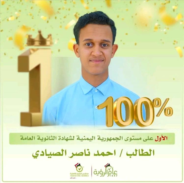 احمد الصيادي يحصد المركز الاول على مستوى الجمهورية في الثانوية العامة بمعدل 100%