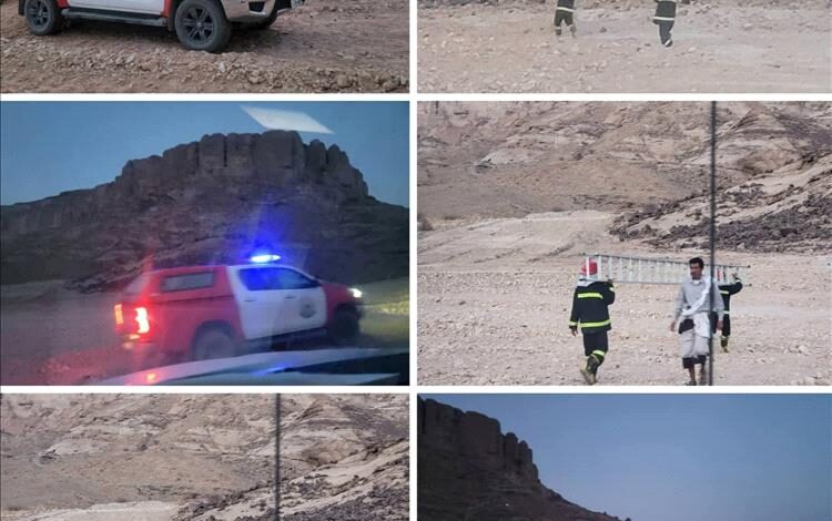 الدفاع المدني بشبوة يستجيب لاستغاثة ثلاثة شبان عالقين في جبل شرقي عتق ويستنفر جهود الإنقاذ