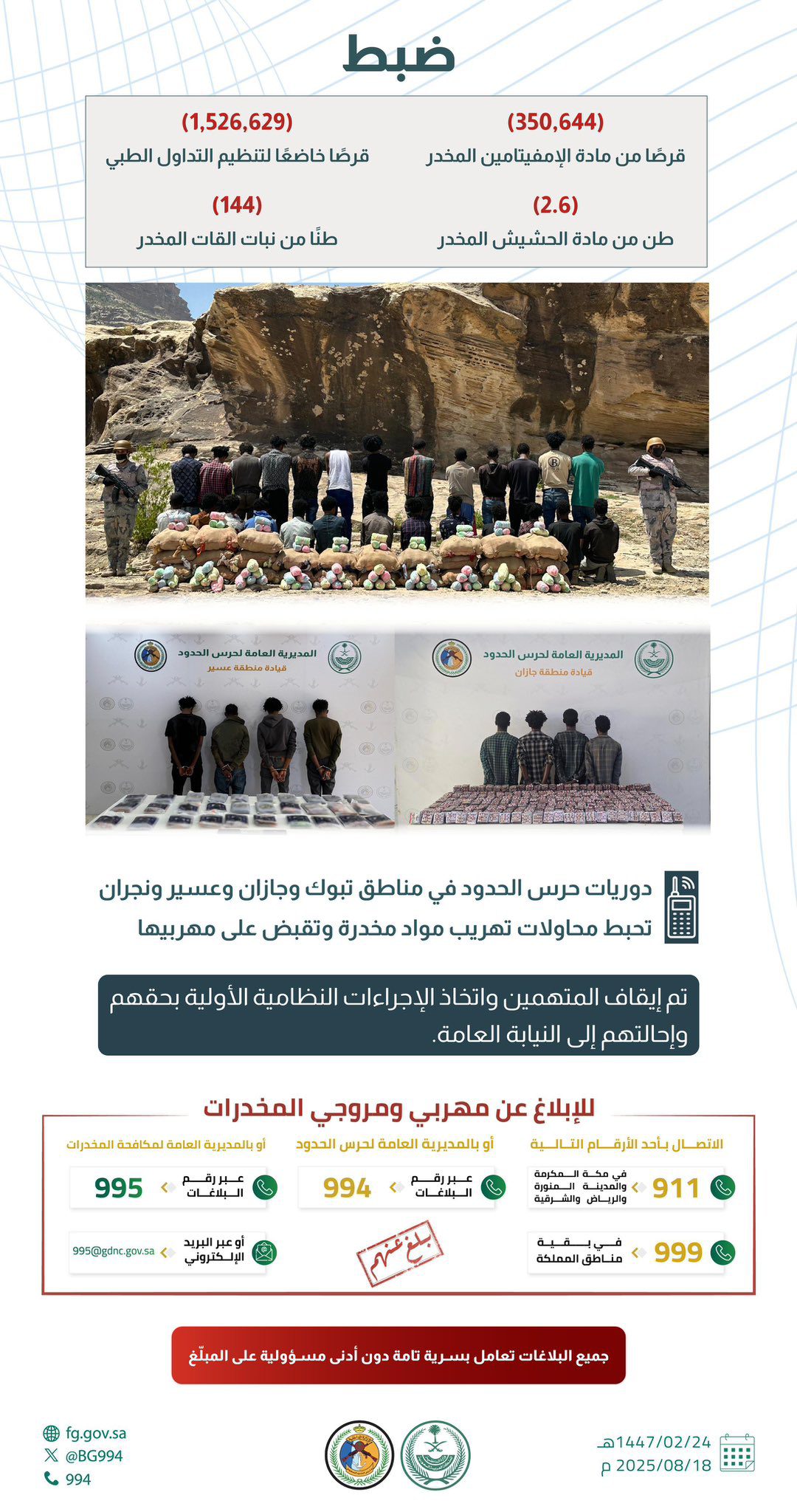 إحباط تهريب ملايين الأقراص المخدرة و146.6 طنًا من الحشيش والقات