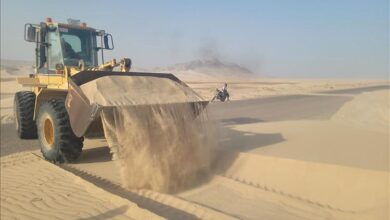 صندوق صيانة الطرق بمحافظة شبوة يباشر أعمال إزاحة الرمال المتحركة من الطريق الساحلي بمنطقة "ساحل امبح"