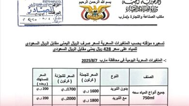 مارب تُعلن تسعيرة جديدة لعبوات المياه.. تعديل مؤقت وفق سعر الصرف