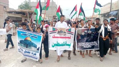 مسيرة حاشدة في مديرية خنفر تضامنًا مع الشعب الفلسطيني تنديدا بالابادة الجماعية
