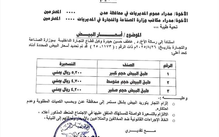 صناعة وتجارة عدن يحذر من التلاعب بأسعار البيض ويحدد تسعيرة رسمية