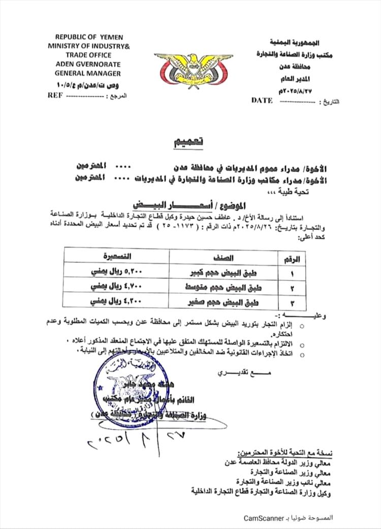 صناعة وتجارة عدن يحذر من التلاعب بأسعار البيض ويحدد تسعيرة رسمية