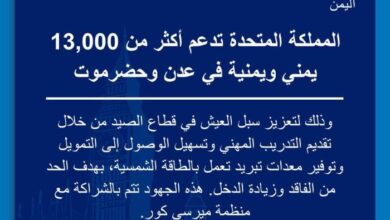 بريطانيا تدعم 13 ألف يمني في قطاع الصيد بعدن وحضرموت
