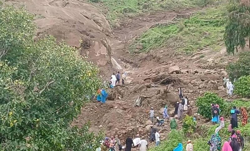 Villagers search for survivors in the rubble after a landslide in Jebel Marra on September 1, 2025