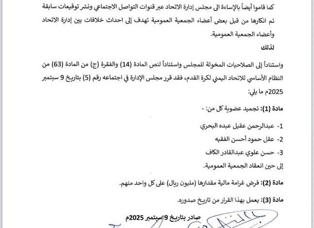 الاتحاد اليمني لكرة القدم يجمّد عضوية ثلاثة من أعضاء جمعيته العمومية