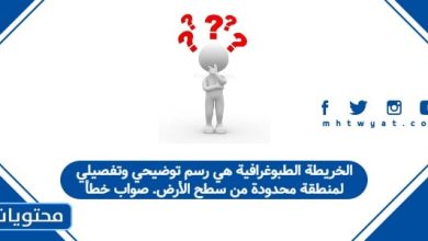 الخريطة الطبوغرافية هي رسم توضيحي وتفصيلي لمنطقة محدودة من سطح الأرض. صواب خطأ