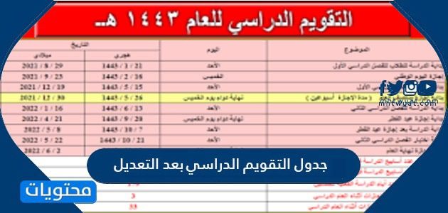 جدول التقويم الدراسي بعد التعديل