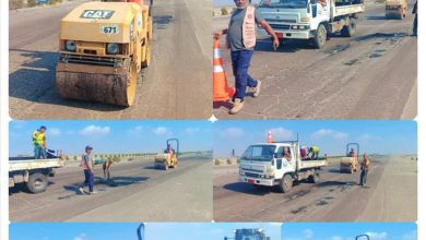 الشركة الكندية "O M" تواصل أعمال معالجة الحفر بالخلطة الاسفلتية الساخنة من موقع الخلاطة الاسفلتية الحديثة إلى نقطة العلم