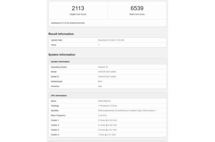 اختبار Geekbench يكشف عن معالج وسعة الذاكرة في Honor 500
