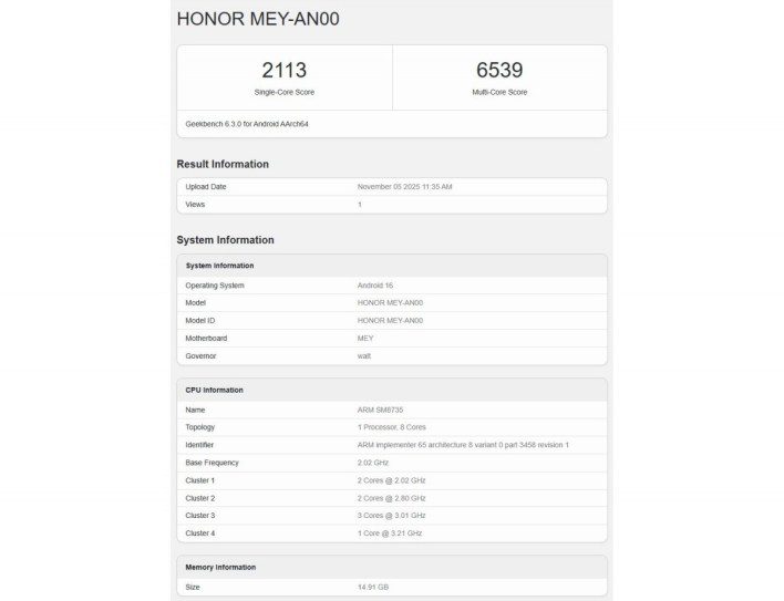 اختبار Geekbench يكشف عن معالج وسعة الذاكرة في Honor 500