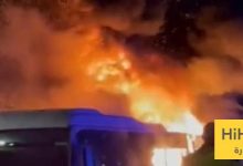 صور .. حريق ضخم في أحد حافلات جماهير برشلونة قبل مواجهة كلوب بروج