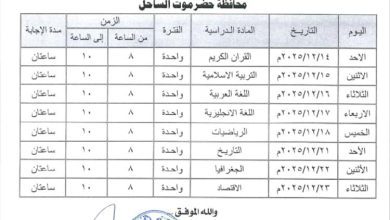 مكتب تربية حضرموت يصدر جدول اختبارات الفصل الاول من العام الدراسي 2025-2026