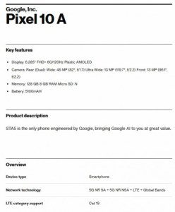 ظهور مواصفات Google Pixel 10a في تسريب جديد