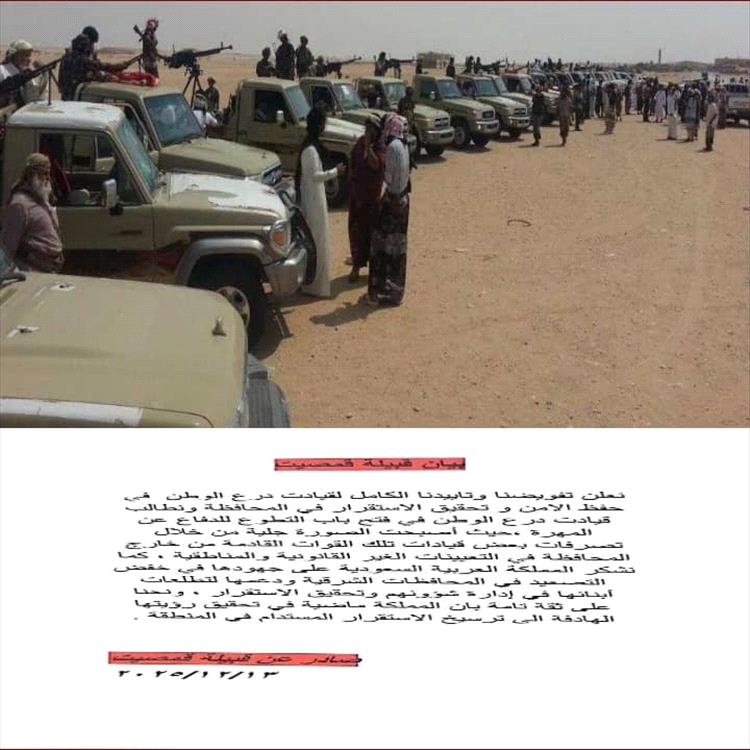 قبائل قمصيت تؤكد دعمها الكامل لقوات درع الوطن وتثمن دور التحالف بقيادة السعودية