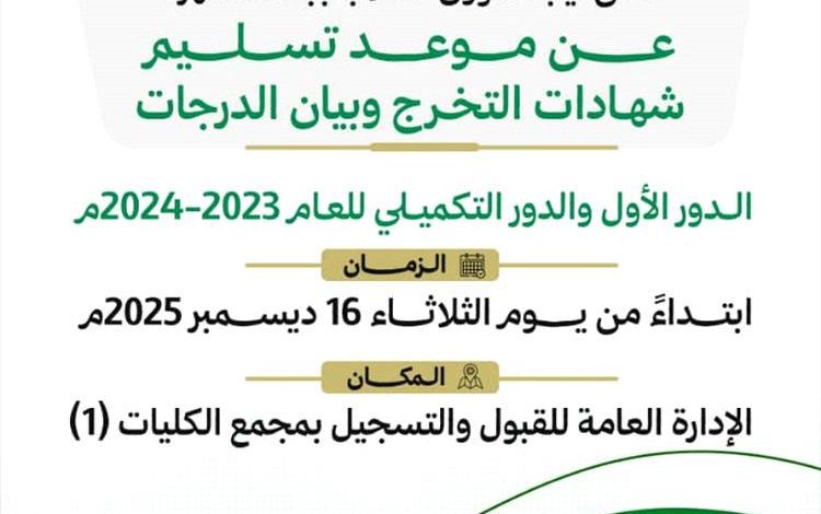 نيابة شؤون الطلاب بجامعة المهرة تُعلن موعد تسليم شهادات التخرج