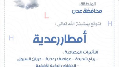 الأرصاد تتوقع هطول أمطار رعدية ورياح شديدة في عدن