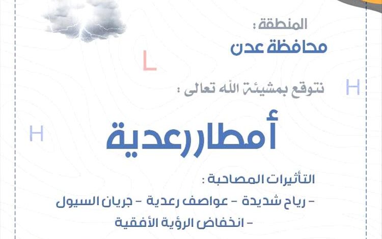 الأرصاد تتوقع هطول أمطار رعدية ورياح شديدة في عدن