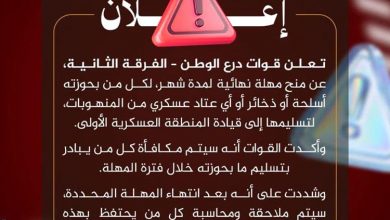 مهلة شهر لتسليم الأسلحة المنهوبة.. إعلان مهم من درع الوطن