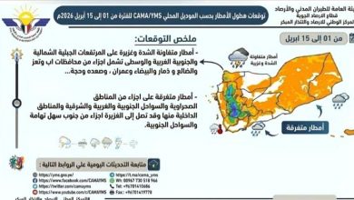 الارصاد: توقعات بهطول أمطار متفاوتة على عدد من المحافظات خلال النصف الأول من أبريل