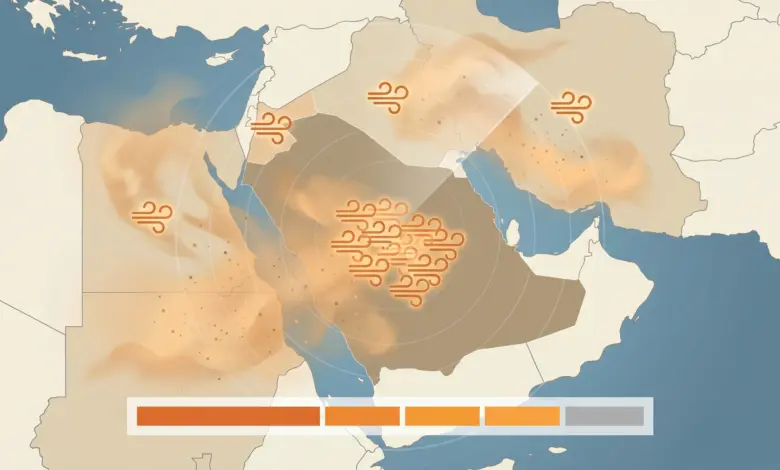 تسجيل 26 حالة نشاط غباري بالإقليم في يوم واحد بينها 15 في السعودية