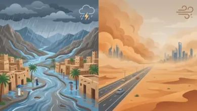 أمطار غزيرة وسيول على نجران وجازان وعسير ورياح مثيرة للغبار شمال المملكة