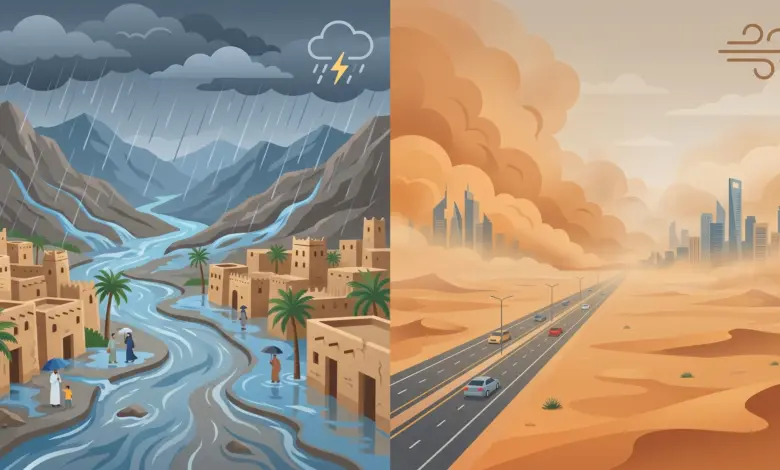أمطار غزيرة وسيول على نجران وجازان وعسير ورياح مثيرة للغبار شمال المملكة