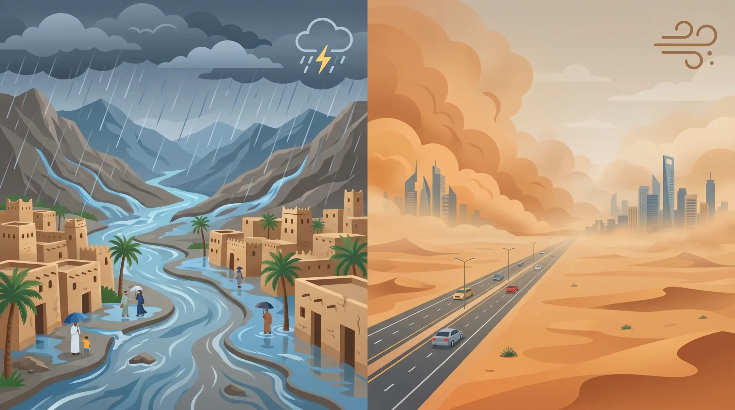 أمطار غزيرة وسيول على نجران وجازان وعسير ورياح مثيرة للغبار شمال المملكة