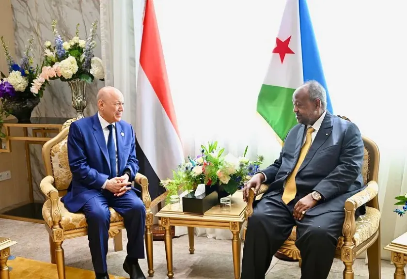 الرئيس العليمي يبحث مع نظيره الجيبوتي أمن البحر الأحمر وباب المندب وتفعيل اللجنة المشتركة