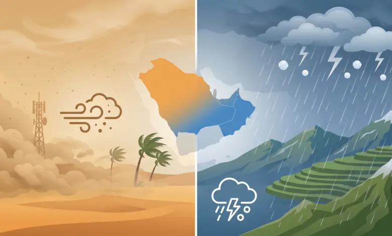 عواصف ترابية تجتاح تبوك والجوف والحدود الشمالية وأمطار رعدية على نجران وجازان وعسير اليوم