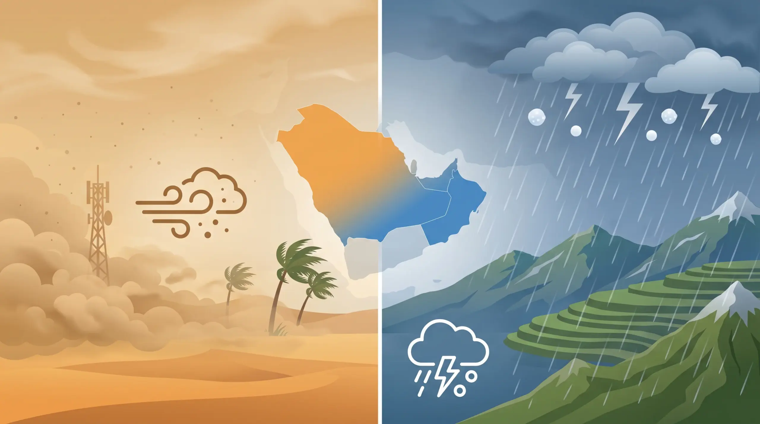 عواصف ترابية تجتاح تبوك والجوف والحدود الشمالية وأمطار رعدية على نجران وجازان وعسير اليوم