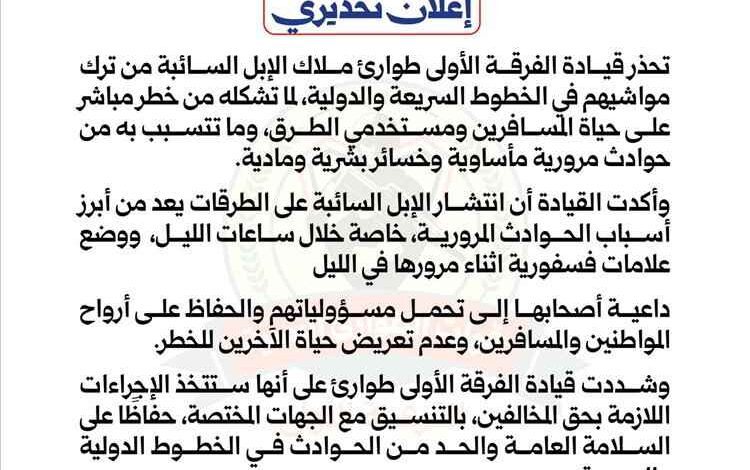 قوات الطوارئ: الإبل السائبة تتسبب بحوادث مميتة وإجراءات مرتقبة بحق المخالفين