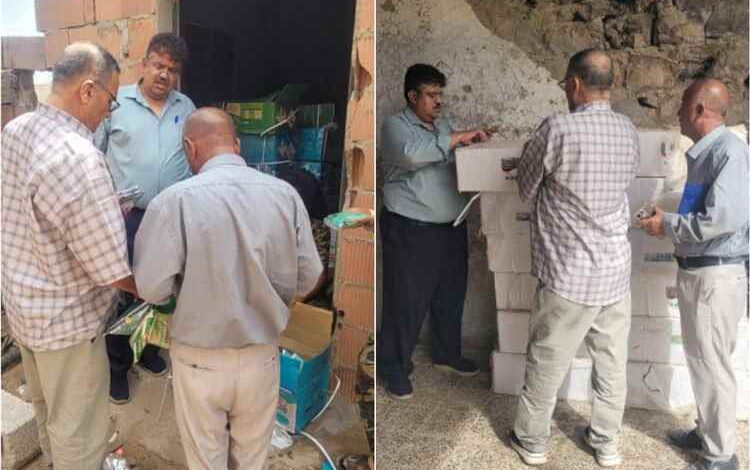 نزول لجنة من وزارة الزراعة والأسماك لمعاينة شحنة مبيدات حشرية مضبوطة بمحافظة لحج