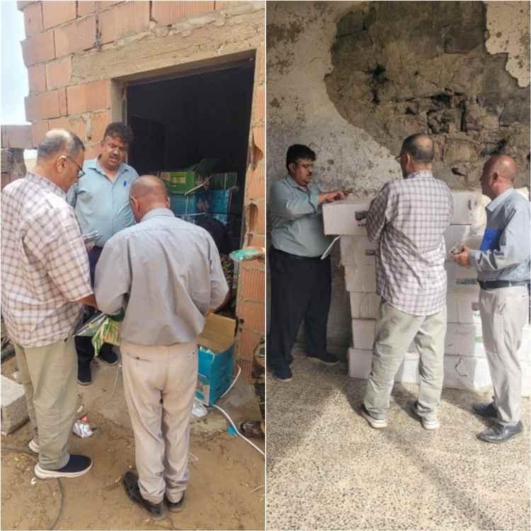 نزول لجنة من وزارة الزراعة والأسماك لمعاينة شحنة مبيدات حشرية مضبوطة بمحافظة لحج