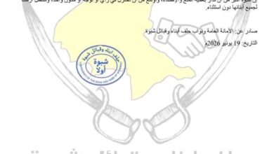 بيان لحلف أبناء وقبائل شبوة يدين منع رئيسه من دخول مدينة عتق ويحمل السلطة المحلية المسؤولية